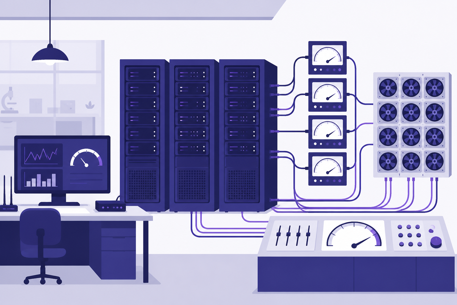 Stress testing lab running a controlled, authorized load test against a staging server with monitoring dashboards